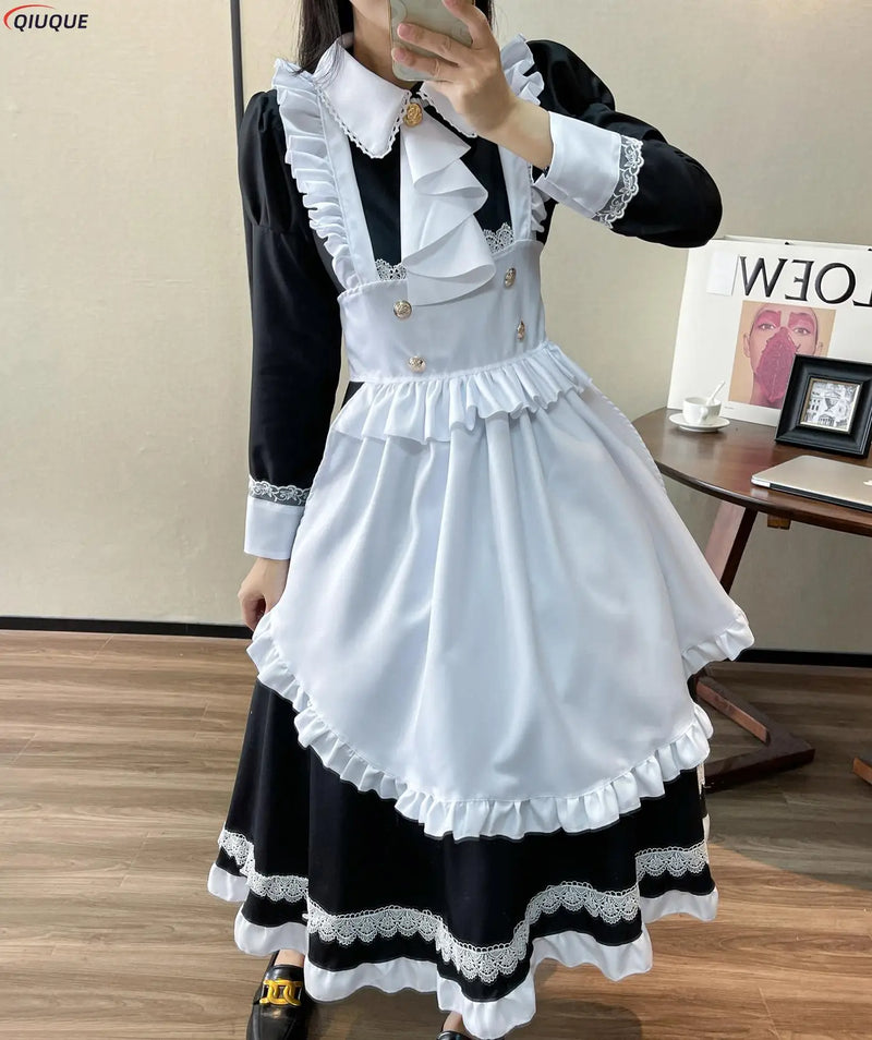 Women Maid Outfit Lolita Dress Cute Kawaii Cafe Costume Black White Men Uniform Long Apron Dress Mucama Cosplay Costume