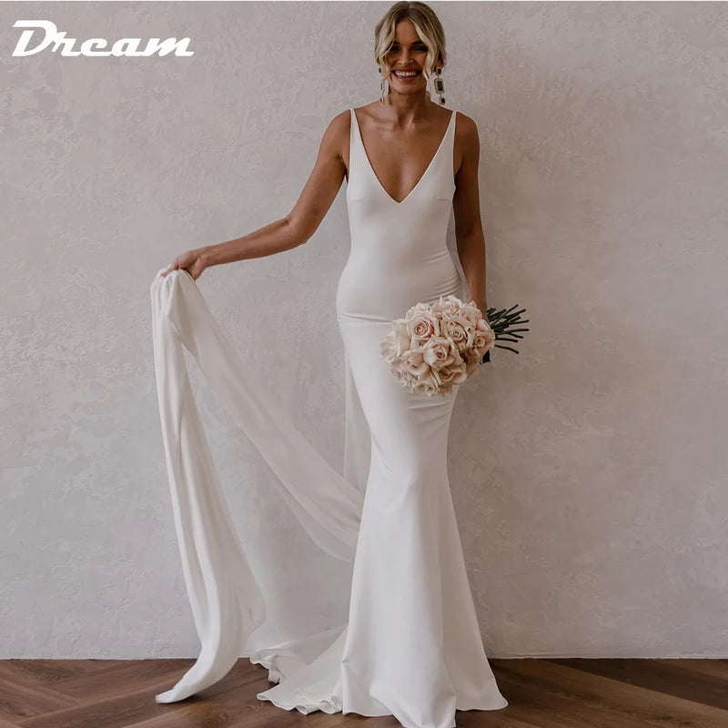 DREAM Customized Deep V Neck Crepe Detachable Train Mermaid Wedding Dress 2025 Sleeveless Open Back Simple Bridal Gowns Elegant