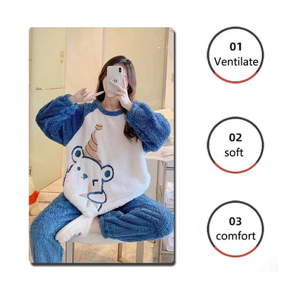 Thickened Warm Flannel Women's Sleepwear Coral Velvet Pajamas Loungewear Winter Cartoon Bear Padded Girl Nightwear Homewear Sets