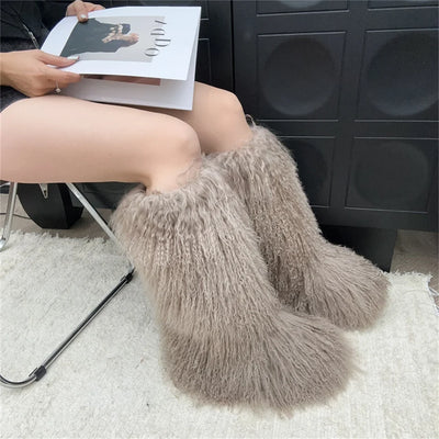 New Fashion Mongolia Fur Woman Snow Boots Fluffy Knee-High Boot Winter Women Fashion Snow Boot Warm Cotton Shoes