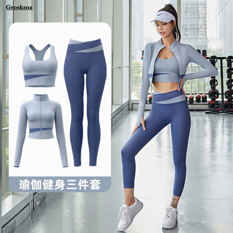 Women Yoga Patchwork 3 Piece Set Fitness Gym Coats+Bra+Leggings Workout Running Sportswear Clothing Tracksuit Ensemble Femme