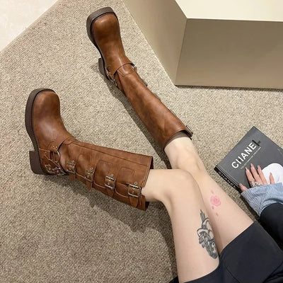 Women's Boots Fashion Motorcycle Knight Boot Western Cowboy Boots for Women Mid Calf Leather Boots New Platform Boot Botas Mujer