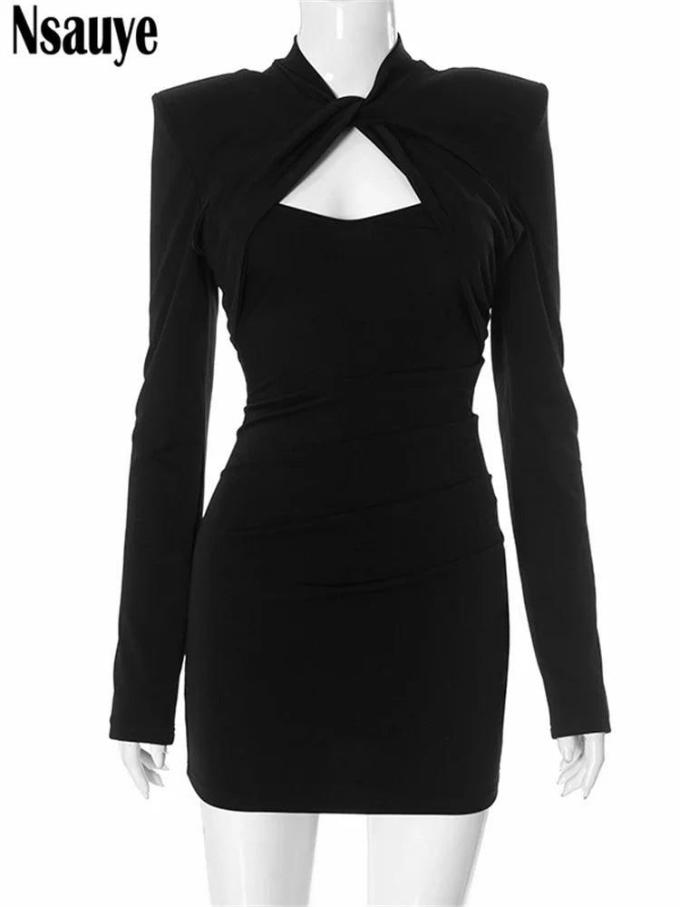 Nsauye Sexy Women Night Club Evening Party Short Dress Long Sleeve Elegant Fashion Low Cut Out Black Mini Wrap Dress Winter 2024