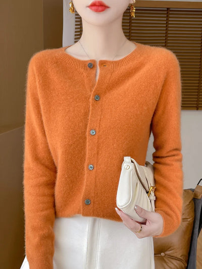 Autumn Winter Women 100% Merino Wool Sweater O-Neck Solid Color Cardigan Long Sleeve Clothing Cashmere Knitwear Bottoming Tops