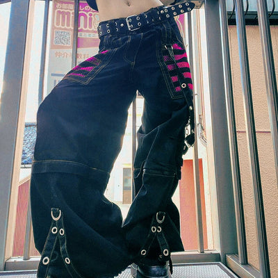 Gothic Women Punk Cargo Pants Wide Straight Leg Pants Grunge Hippie Baggy Trousers Y2k Academic Dark Clothes Streetwear