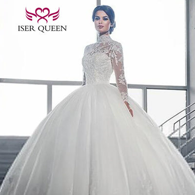 Customized High Neck Long Sleeves Arab Mulism Wedding Dresses Ball Gown Custom Made Princess Bride Dress For Women W0019