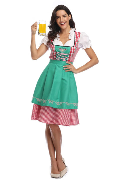 Traditional Bavarian Oktoberfest Costumes Plaid Dirndl Dresses Women Apron Dress German Beer Wench Maid Cosplay Party Dress