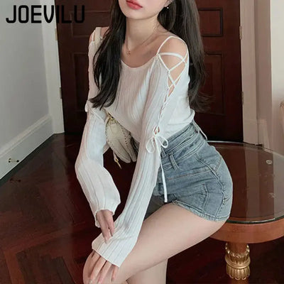 Bandage Long Sleeve Knitted Shirt Women's Off Shoulder Sexy Tops Slim Chic T-shirt Spring and Autumn Pullover Solid Y2k Sweater