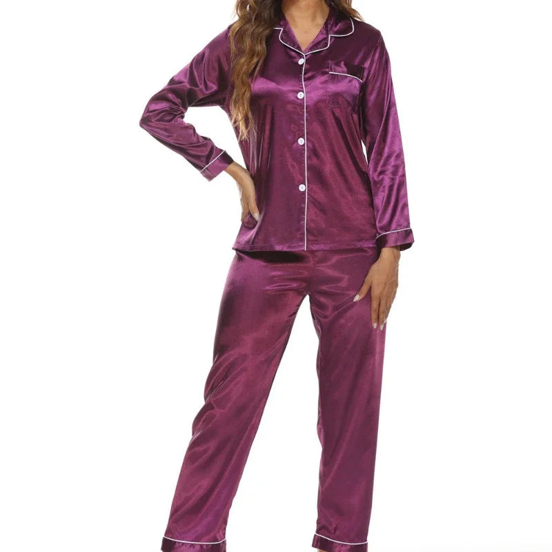 Luxurious Satin Pajama Set for Women Cozy Long Sleeve Top with Pocket and Waist Pants Button-Down Pajama Sleepwear Loungewear