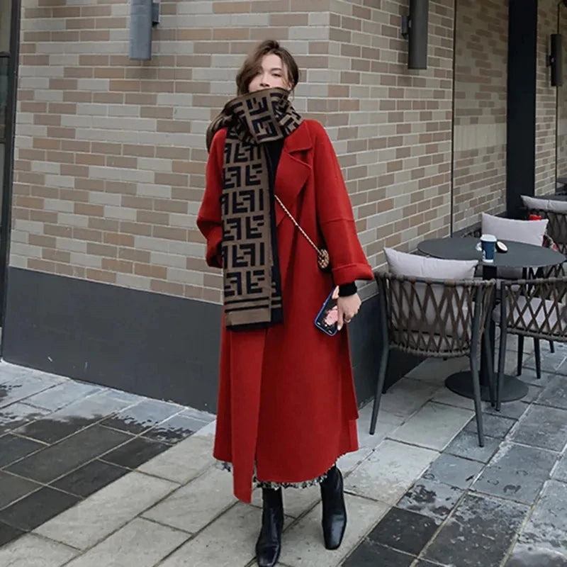 Fashion 100% Wool Coat Belt Black Woolen Long Coat For Women Oversize Loose Lapel Overcoat Autumn Lady High Street Outerwear