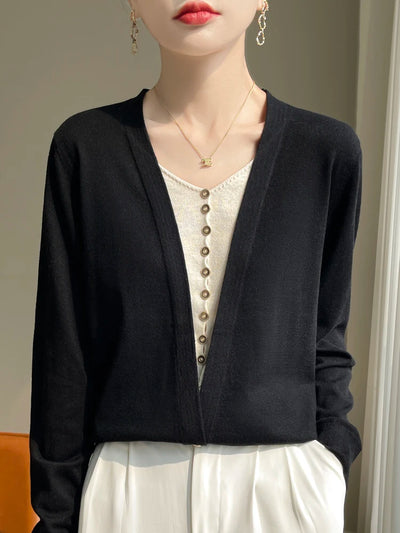 Fall/Winter 2024 New 100% Merino Wool Fashion Knitted Cardigan Women's V-neck Colour-matching Shirt Wearing a Knitwear