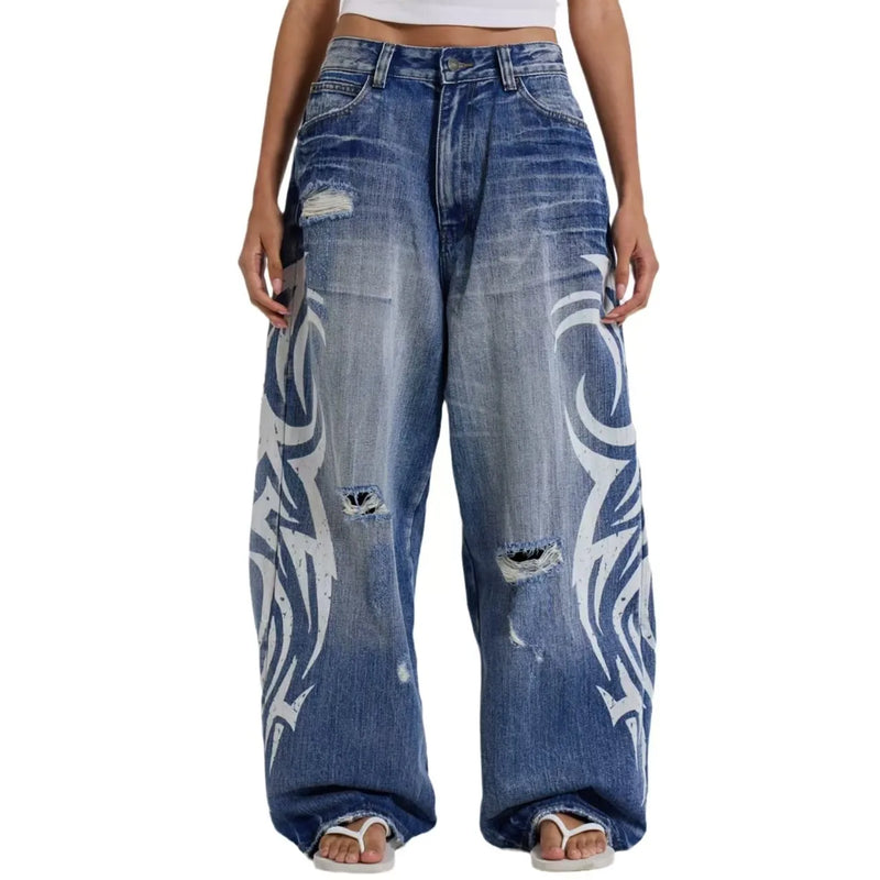 Printed Baggy Jeans Women Clothing Street Washed Distressed Vintage High Waisted Jeans Woman Versatile Pants Women Jeans