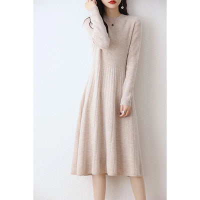 100% Merino Wool, Women's Autumn/Winter Dress, Elegant, Casual, Knitted, Top, Korean Style, Crew Neck, Warm