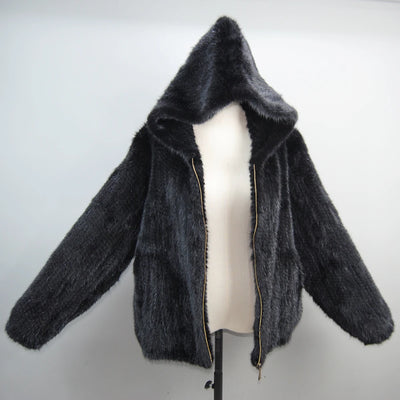 2025 New Women Mink Fur Coat Long-Sleeve Hooded Casual Jacket Fashion All-match Zipper Knitted Outerwear Jacket Custom Plus Size