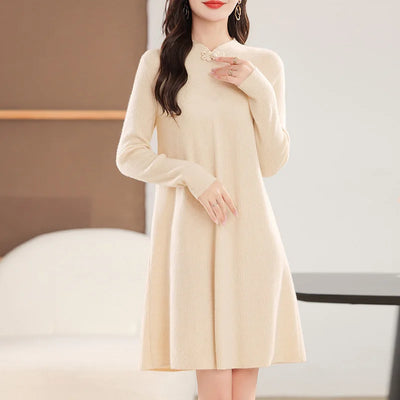 100% Merino Wool Women's Midi Dress, Buttoned, Elegant, Long Sleeves, Knitted, Crew Neck, Warm, Fall/Winter 2024, Clothing