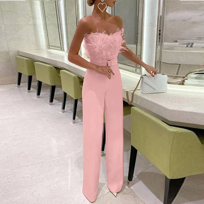 Women's Feather Trim Jumpsuit - Sexy Tube Top Evening Playsuit | High-Waisted Sleeveless Party Jumpsuit for Nightclub & Events