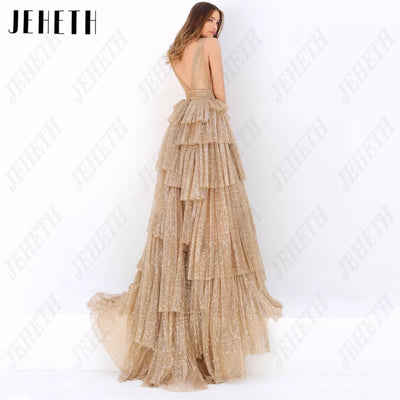 JEHETH Glitter Champagne Prom Gown Tiered Evening Dresses Luxury Sparkly Tulle Bespoke Occasion Dress Customized فساتين سهرة