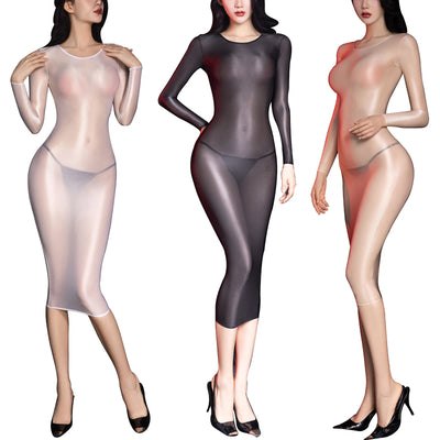 Party Night Sexy Bodycon Dress Women Oil Glossy Sheer See Through Shiny Silk Smooth Tight Long Sleeves Midi Dresses Clubwear