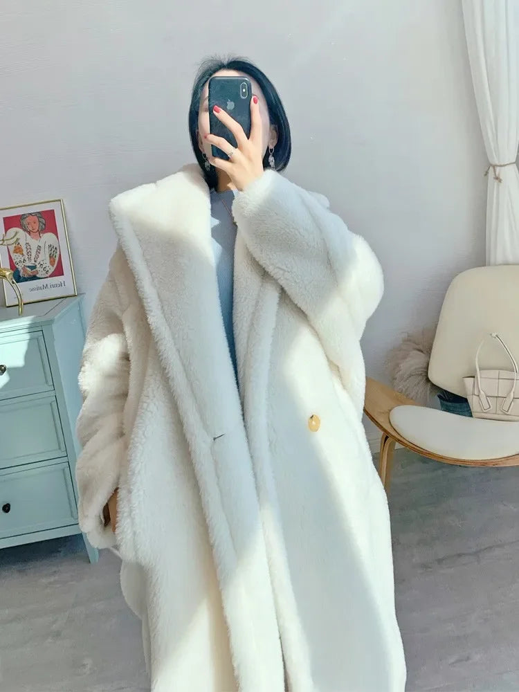 Milk White Teddy Coat Silhouette Alpaca Fur Medium Long Teddy Fur Coat for Women