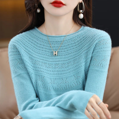 100% Merino Wool Seamless Cashmere Sweater Women's O-Neck Hoodie Autumn/Winter New Knitted Sexy Hollow Wool Sweater NJR1107