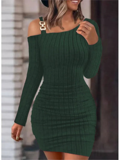 Sexy Chain Off Shoulder Mini Dress Women Autumn Fashion Bodycon Long Sleeve Dresses For Women Winter Skinny Knitted Vestidaos