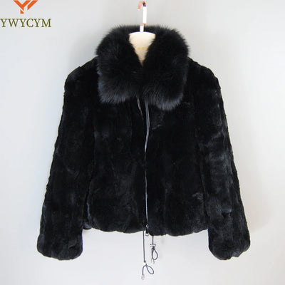 Fashion Women Winter Natural Real Rex Rabbit Fur Coat Lady Warm Quality 100% Genuine Rex Rabbit Fur Jacket With Fox Fur Collar