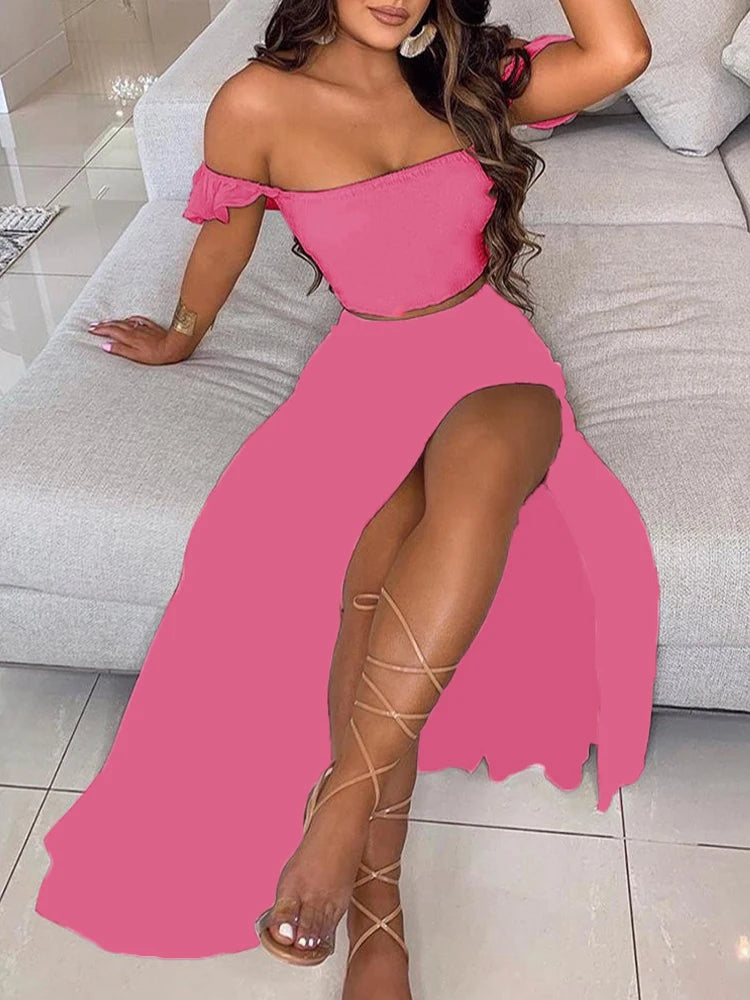 2-Piece Boho Chic Ensemble Off-Shoulder Smocked Tube Top&Floral High-Waist Split Maxi Skirt Summer Women Casual Wear Dress Sets