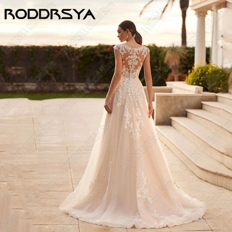 RODDRSYA Cap Sleeves V-Neck Wedding Dresses Lace Applique A-Line Civil Bride Gowns Button Back Light Champagne vestidos de novia