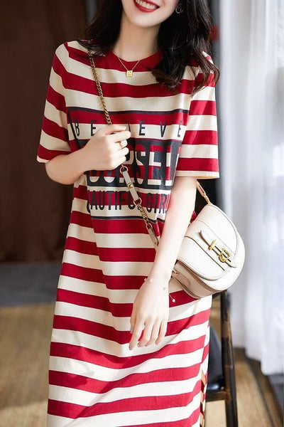 Striped Print Short Sleeve Midi Dress Summer Aesthetic Clothes Korean Fashion Casual Harajuku Dresses for Women 2023 Vestidos