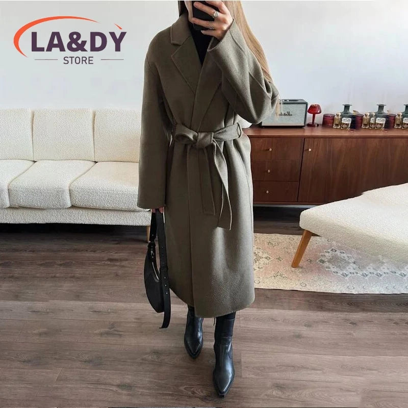 Woolen Coat High Quality 2024 Women Fashion Loose Lace-Up Female Solid Color Casual Long Sleeve Pockets Outerwear