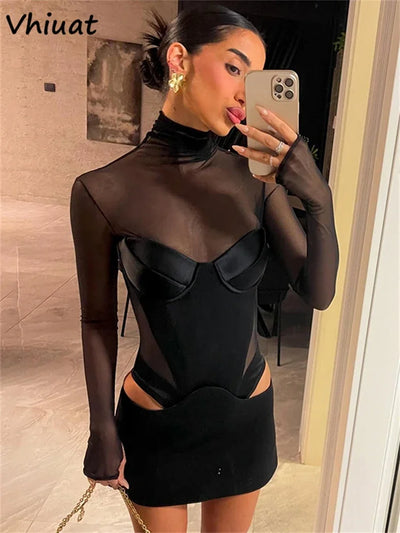 Vhiuat Sexy Cut Out Mesh Patchwork Turtleneck Long Sleeve Wrap Short Dress 2024 Party Evening Elegant Party Birthday Mini Dress