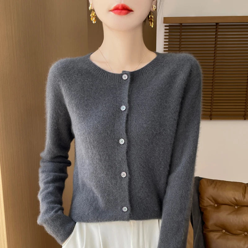 100% Merino Wool Long Sleeve Sweaters Cashmere Cardigan Spring Autumn Women O-Neck Knitwear Tops Clothing Fashion Basic Tops