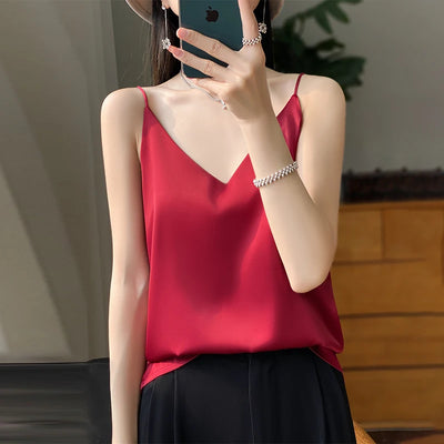 Women's Sexy Top Halter V-Neck Underwear Basic Sleeveless Satin Silk Vest Sexy Comfortable Silky Lingerie Halter Top-D01