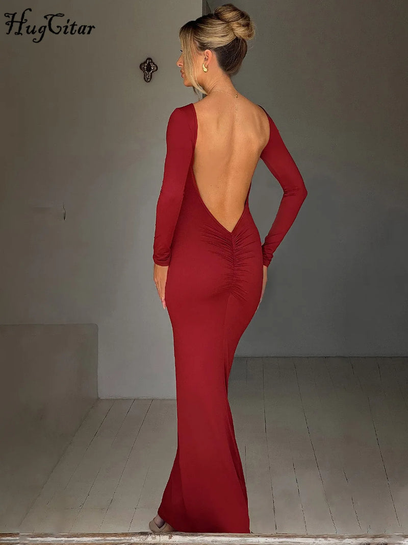 Hugcitar Spring Elegant Long Sleeve Backless Solid Cuched Sexy Bodycon Maxi Prom Dress Women Outfit Evening Party Festival Y2K