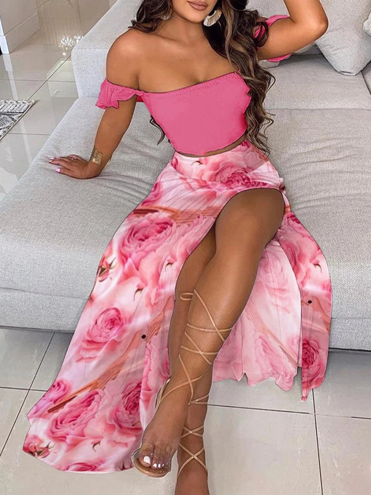 2-Piece Boho Chic Ensemble Off-Shoulder Smocked Tube Top&Floral High-Waist Split Maxi Skirt Summer Women Casual Wear Dress Sets