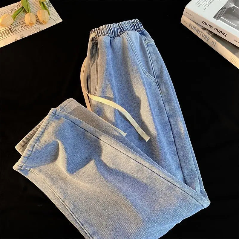 Retro Korean Jeans Men and Women Fall and Winter Models Padded and Thickened Loose Straight Wide-leg Casual Pants