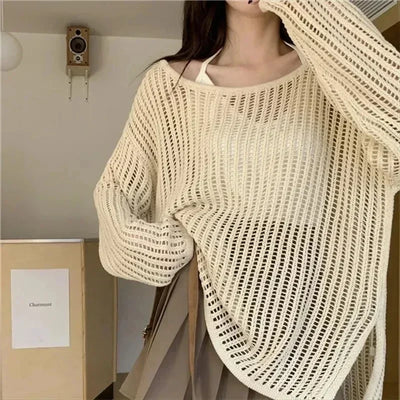 Women Hollow Out Y2K Sexy Sweater Hole Knitted Long Sleeve Streetwear Top Casual Loose Thin Sweater For Women 2024 Autumn