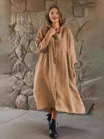 Spring Summer Women Cotton Linen Dress 2024 Fashion Loose Button Long Sleeve Shirt Dresses Solid Beach Party Pockets Dress Robe