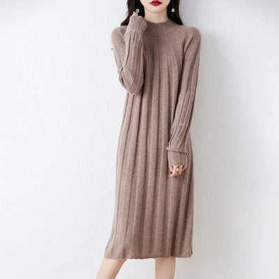 100% Merino Wool Women's Knitted Dress, Crew Neck, Stripes, Casual, Fashionable, Warm, Mid-Length, Autumn/Winter 2024