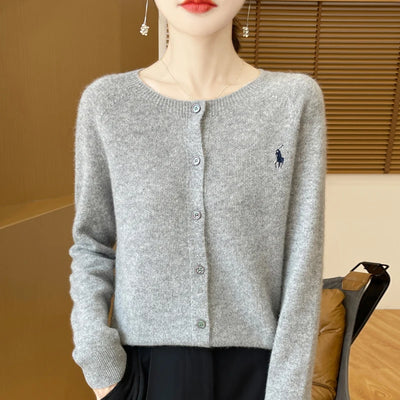 2024 Autumn/Winter Women's New Fashion Cashmere Embroidered Cardigan Women's O-neck Fashion Embroidered 100% Australian Wool