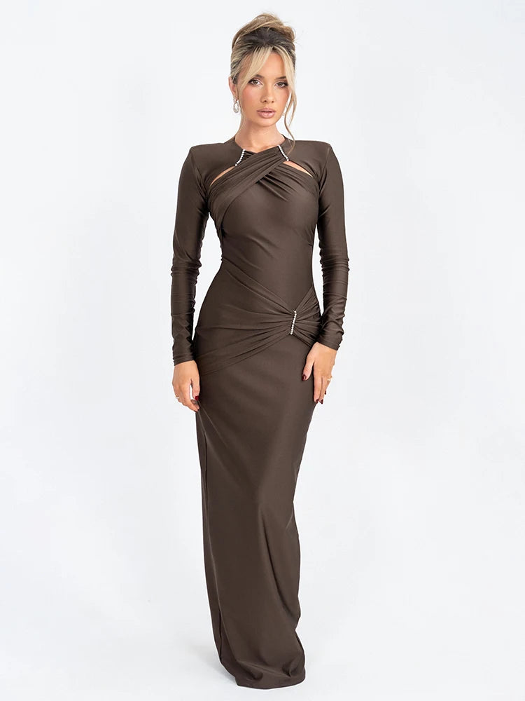 Mozision Hollow Out Long Sleeve Sexy Maxi Dress For Women Gown Fashion Solid Bodycon Ruched Club Evening Elegant Long Dress