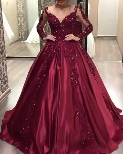 Wedding Dress Women V Neck Sexy Sequin Floral Floor Length A Line Dresses Full Sleeve High Waist Elegant Gown Vestidos