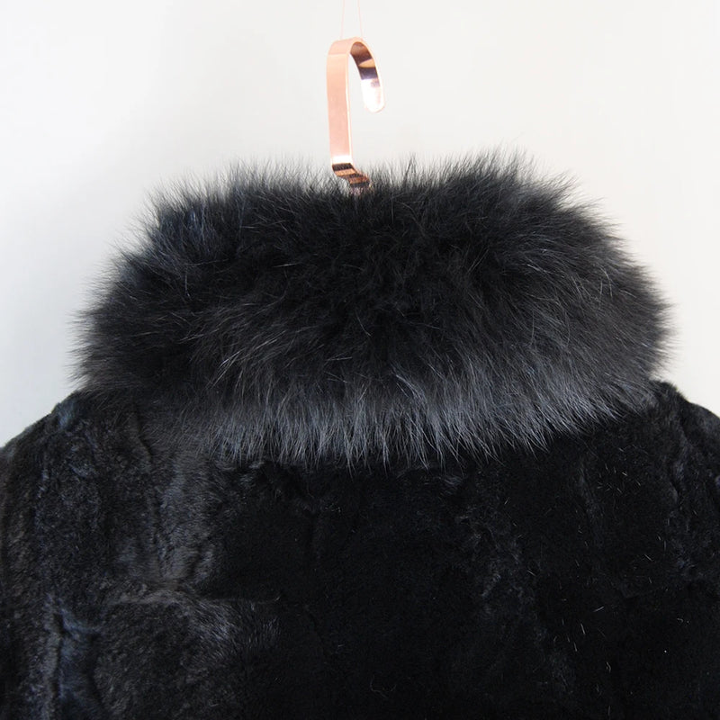 Fashion Women Winter Natural Real Rex Rabbit Fur Coat Lady Warm Quality 100% Genuine Rex Rabbit Fur Jacket With Fox Fur Collar