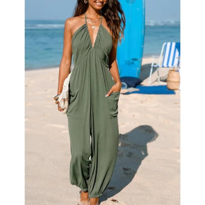 Women's Sexy Deep V-neck Pleated Jumpsuits 2025 New Summer Fashion Solid Color Pockets Halter Neck Backless Foot Binding outfits