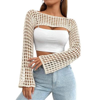 European Women'S Knitted Sweater Korean Fall Sexy Cutout See Through Y2k Knitwear Autumn Long Sleeve Ultra Short Casual Pullover