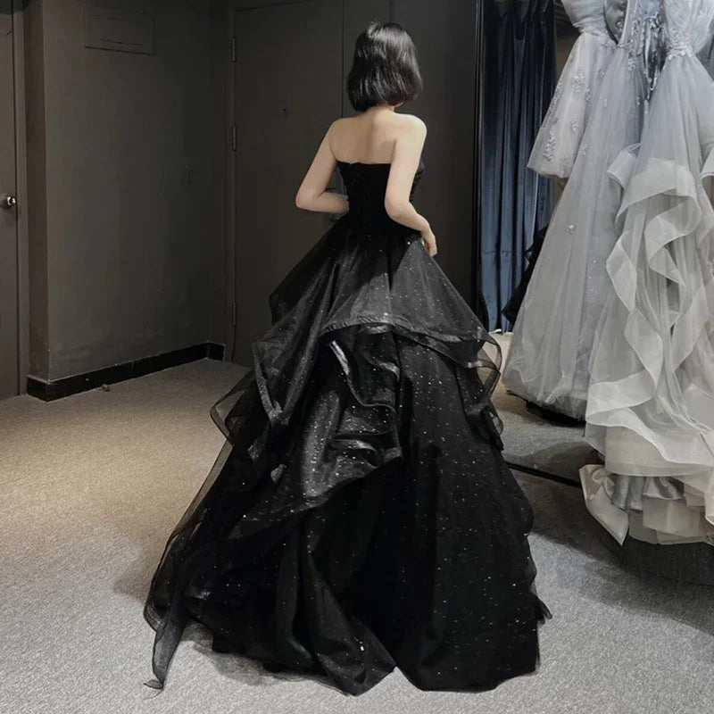 Customized Temperament Black Elegant Wedding Party Dresses Strapless Tiered Draped Prom Robe 2025 New Ball Gown Formal Dress Wom