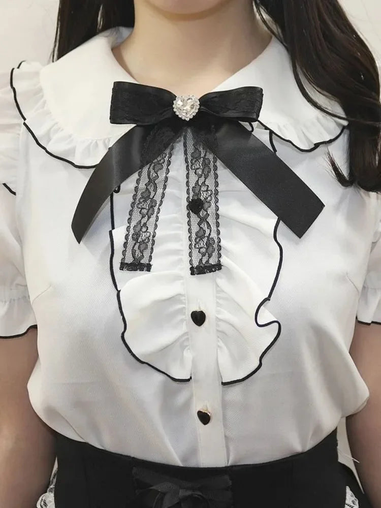 Sweet Lolita Fashion All Match Blouses Women Japanese Summer Y2k Aesthetic Ruffled Bow Shirts Girly Kawaii Patchwork Tops Blusas