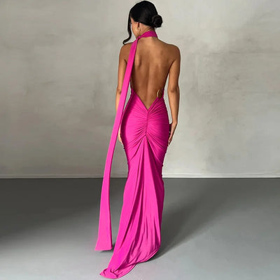 2023 New Fashion Elegant Maxi Dress for Women Sexy One Shoulder Bodycon Slim Pleated Solid Backless Dresses Party Club Clothes