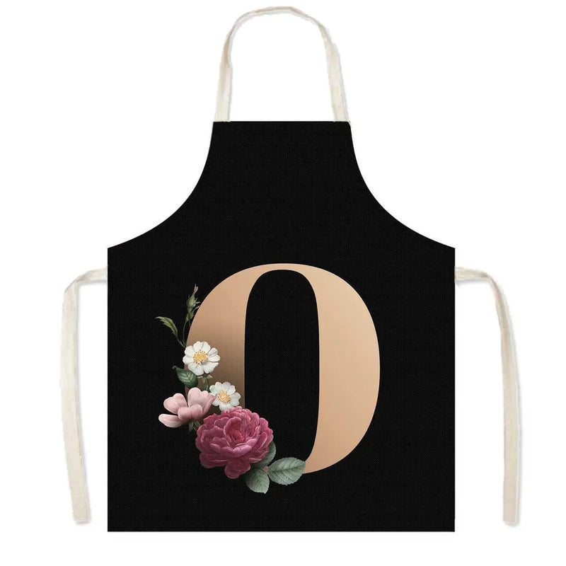 26 Initials Flower Print Kitchen Apron A-Z Letter Women Cooking Aprons BBQ Chef Waiter Home Baking Cleaning Tool Pinafore