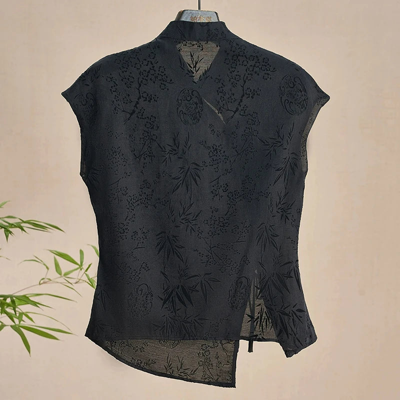 Retro Thin Shirt New Chinese Style Cheongsam Top Black Jacquard Short Sleeve T-shirt Summer Mature Fashion Women&